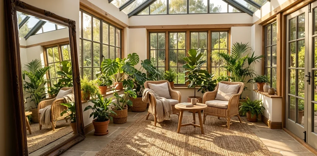 Small sunroom visually expanded by an oversized leaning floor mirror reflecting green indoor plants and sunlight.