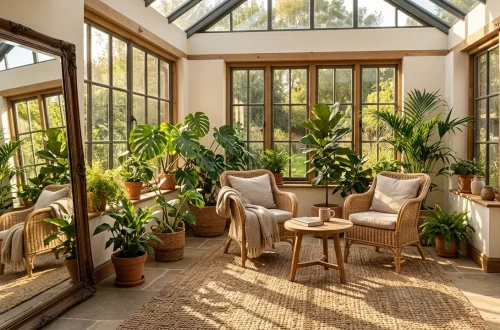 Small sunroom visually expanded by an oversized leaning floor mirror reflecting green indoor plants and sunlight.
