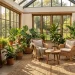 Small sunroom visually expanded by an oversized leaning floor mirror reflecting green indoor plants and sunlight.