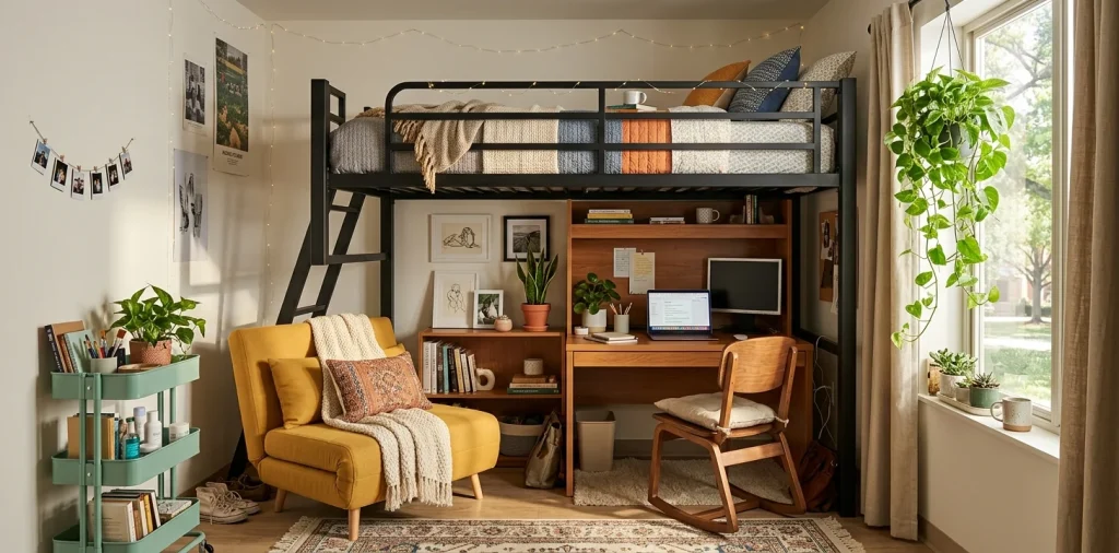 Wide view of a cleverly organized small dorm room featuring a loft bed, sleeper chair, and storage cart.