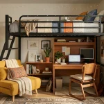 Wide view of a cleverly organized small dorm room featuring a loft bed, sleeper chair, and storage cart.