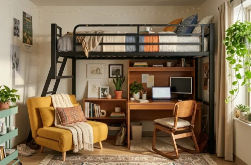 Wide view of a cleverly organized small dorm room featuring a loft bed, sleeper chair, and storage cart.