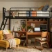 Wide view of a cleverly organized small dorm room featuring a loft bed, sleeper chair, and storage cart.