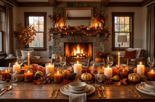 Thanksgiving dining table decorated with lit scented candles and autumn decor
