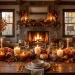 Thanksgiving dining table decorated with lit scented candles and autumn decor