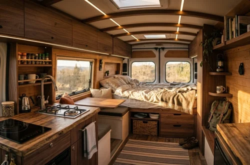 Beautiful custom campervan interior showcasing hidden storage and security solutions