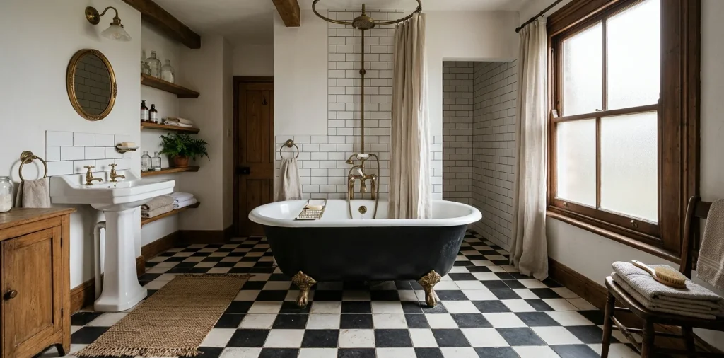Vintage bathroom interior showcasing a black and white checkerboard floor tile design