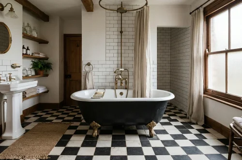 Vintage bathroom interior showcasing a black and white checkerboard floor tile design