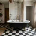 Vintage bathroom interior showcasing a black and white checkerboard floor tile design