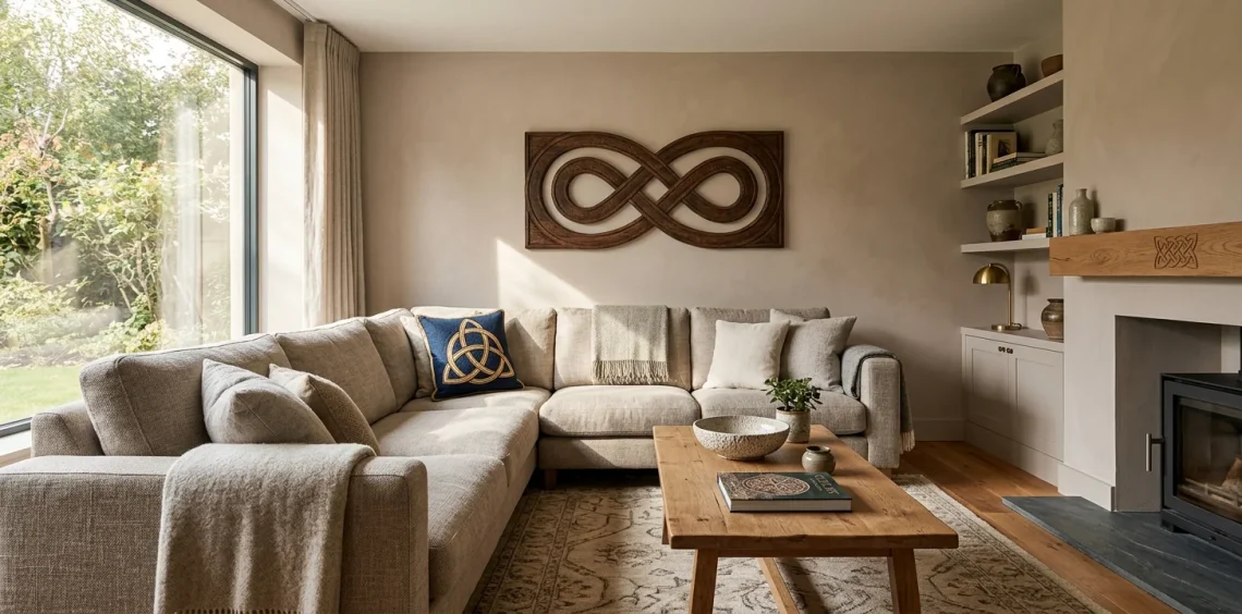 Modern living room decorated with beautiful Celtic knot patterns on pillows and wall art.