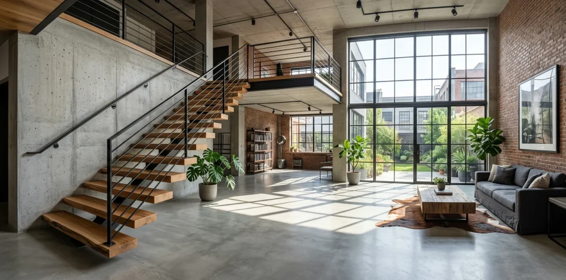 Modern staircase with industrial-chic matte black vertical steel rods and natural oak treads in a brightly lit loft