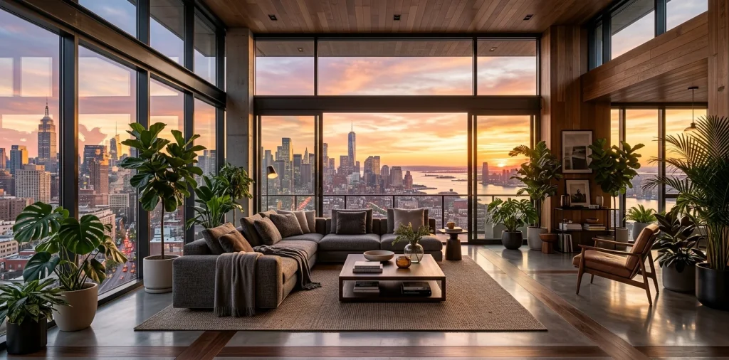 Wide view of a modern contemporary sunroom addition with floor-to-ceiling glass overlooking a city skyline at sunset.