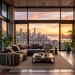 Wide view of a modern contemporary sunroom addition with floor-to-ceiling glass overlooking a city skyline at sunset.