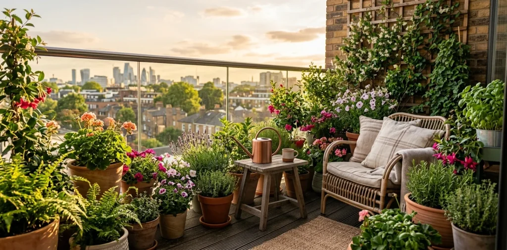 Beautiful lush balcony garden with terracotta pots and watering can bathed in golden hour sunlight