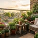 Beautiful lush balcony garden with terracotta pots and watering can bathed in golden hour sunlight