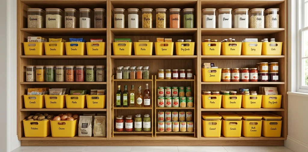 Wide view of a beautiful pantry cabinet featuring vibrant yellow organization bins and clear canisters on wooden shelves.