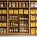 Wide view of a beautiful pantry cabinet featuring vibrant yellow organization bins and clear canisters on wooden shelves.