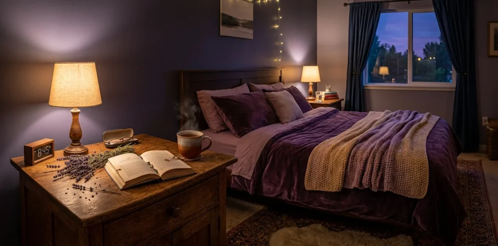 Cozy twilight bedroom with dried lavender sprigs on a wooden nightstand for a relaxing nighttime vibe