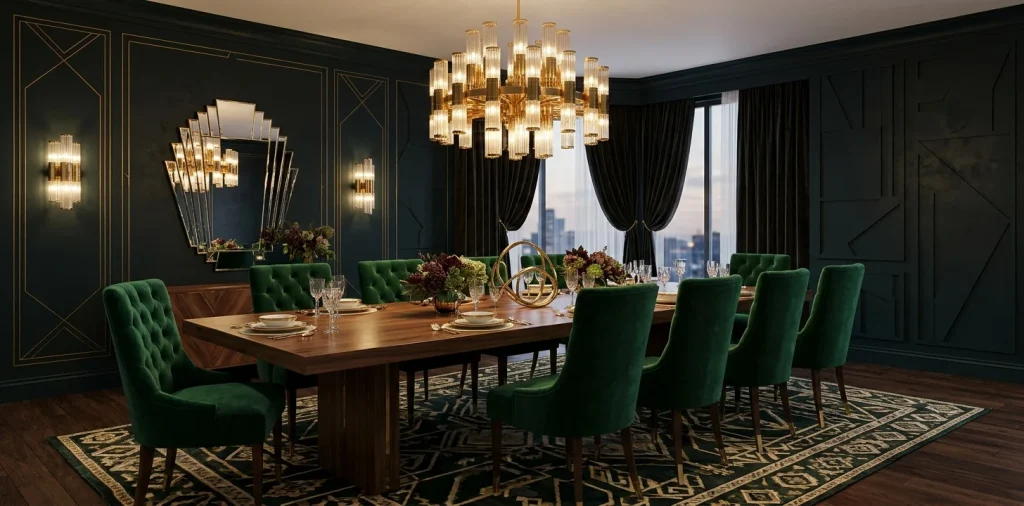 Luxurious dining room featuring a stunning tiered brass and glass Art Deco chandelier