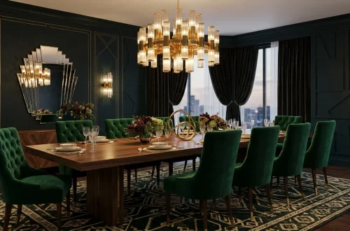 Luxurious dining room featuring a stunning tiered brass and glass Art Deco chandelier