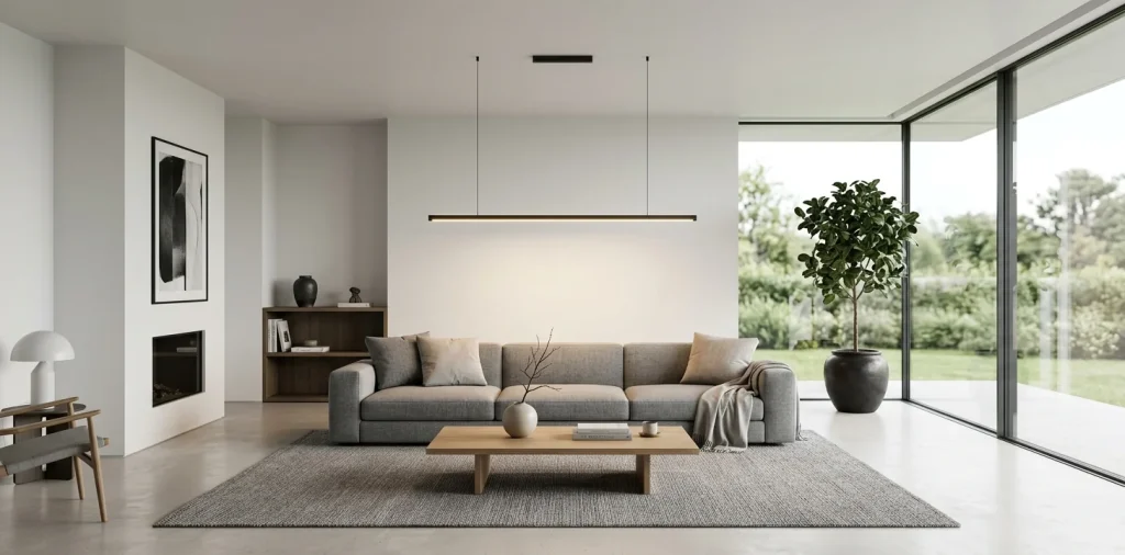 Wide minimalist living room interior showcasing a sleek linear LED pendant light over a modern gray sofa.