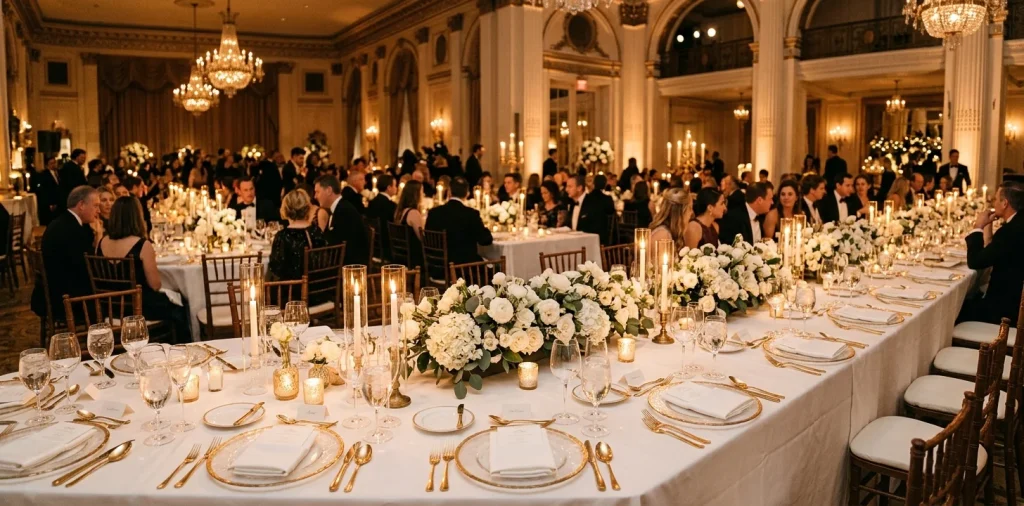 Luxurious formal wedding table setting with gold chargers and crystal glasses under warm candlelight