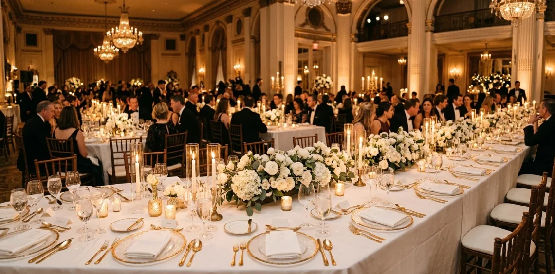 Luxurious formal wedding table setting with gold chargers and crystal glasses under warm candlelight