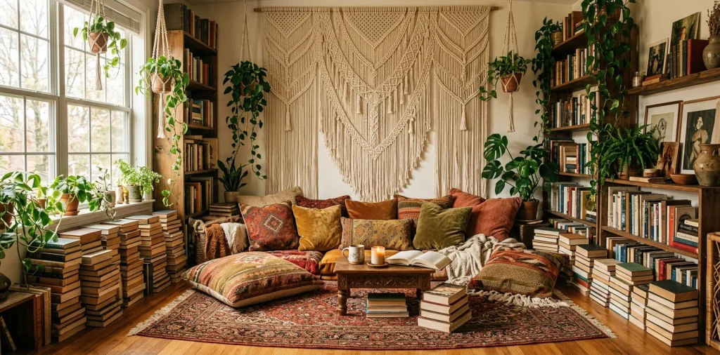 Cozy bohemian home library with macrame wall hanging and colorful floor pillows.