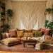Cozy bohemian home library with macrame wall hanging and colorful floor pillows.