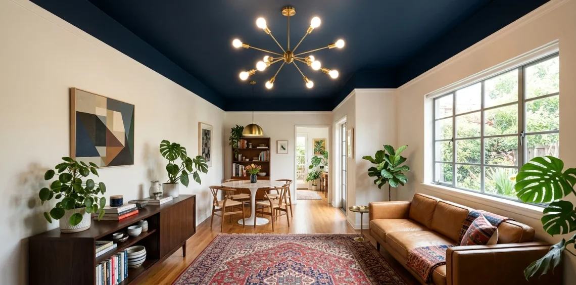 A wide view of a beautifully decorated narrow room featuring a bold dark painted ceiling and statement lighting.