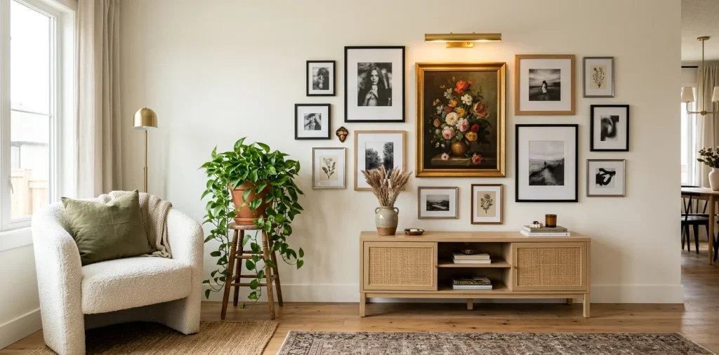 Beautifully styled living room featuring an eclectic gallery wall with budget-friendly art hacks