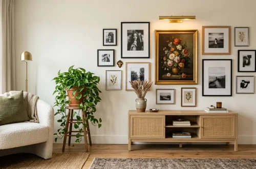 Beautifully styled living room featuring an eclectic gallery wall with budget-friendly art hacks
