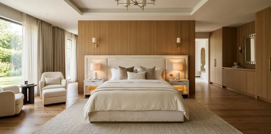 Elegant master bedroom featuring a custom Italian upholstered bed in cream velvet with marble nightstands.