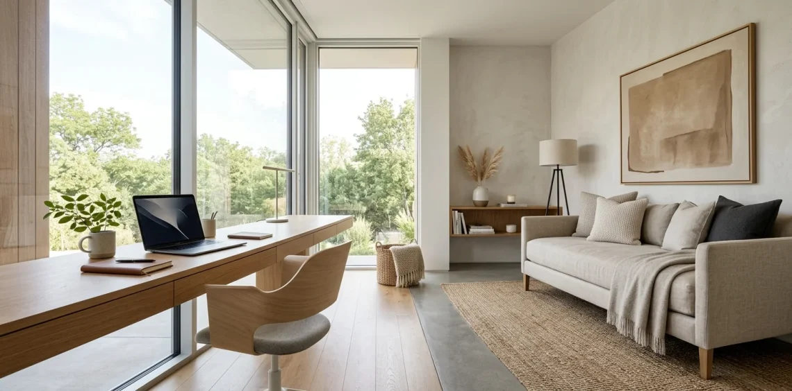 Minimalist guest room and home office combo featuring a sleek desk, cozy daybed, and neutral decor