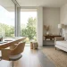Minimalist guest room and home office combo featuring a sleek desk, cozy daybed, and neutral decor