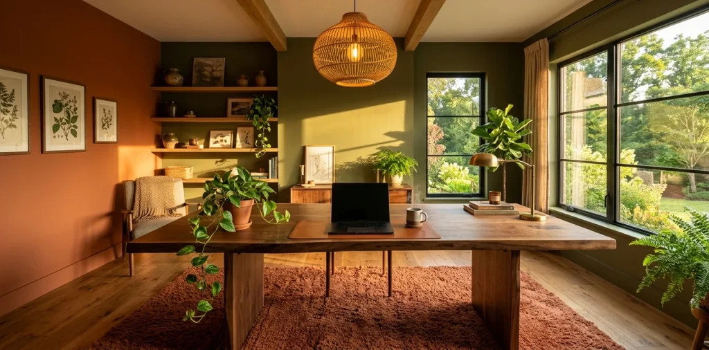 Wide view of an earth tone sanctuary home office featuring terracotta walls, a walnut desk, and soft ambient lighting.