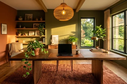 Wide view of an earth tone sanctuary home office featuring terracotta walls, a walnut desk, and soft ambient lighting.