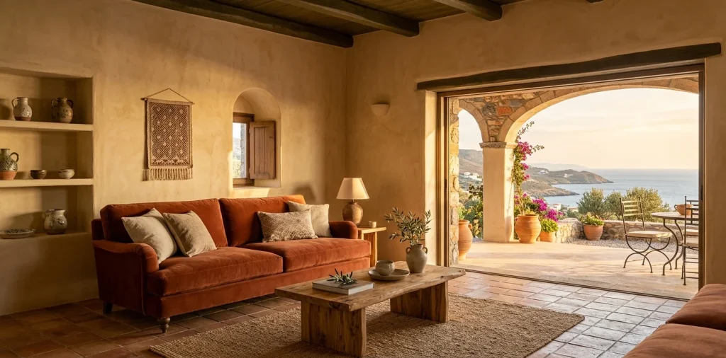 Mediterranean living room featuring textured ochre walls and a burnt siena velvet sofa bathed in sunlight