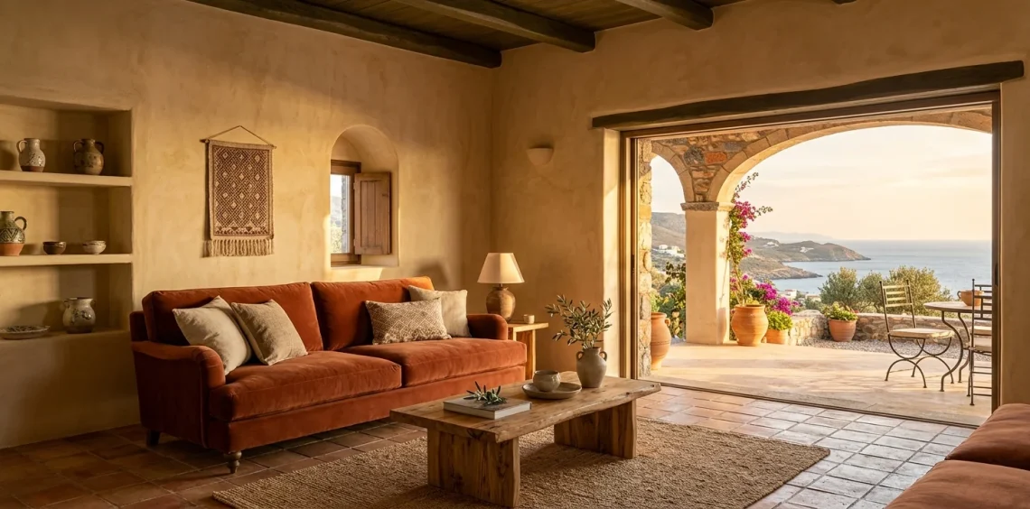 Mediterranean living room featuring textured ochre walls and a burnt siena velvet sofa bathed in sunlight