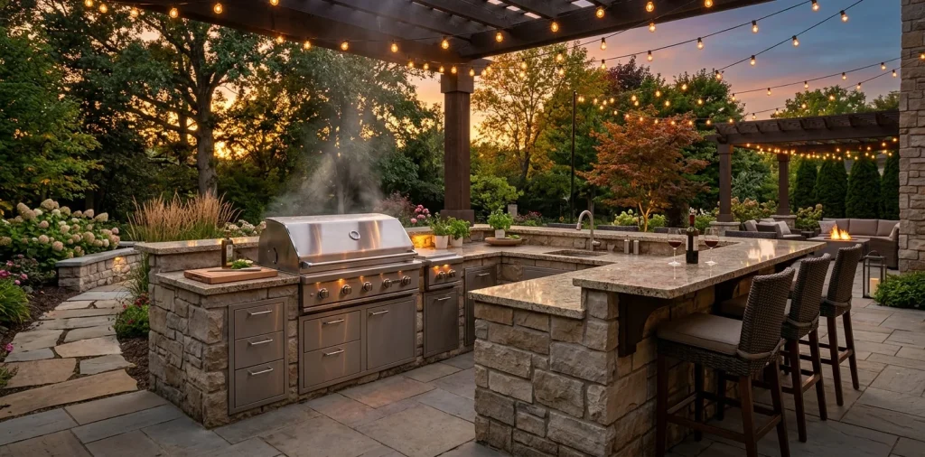 Luxurious outdoor backyard kitchen with stone countertops and a built in grill at golden hour