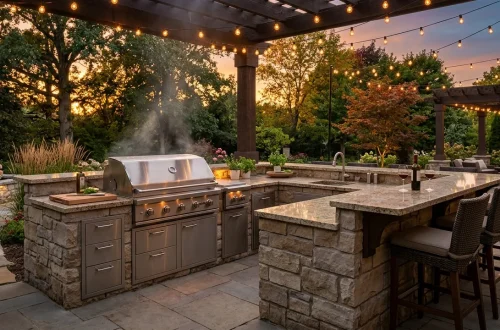 Luxurious outdoor backyard kitchen with stone countertops and a built in grill at golden hour