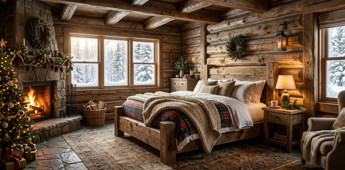 Wide panoramic view of a cozy rustic holiday bedroom featuring a reclaimed wood bed and glowing warm fireplace.