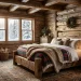 Wide panoramic view of a cozy rustic holiday bedroom featuring a reclaimed wood bed and glowing warm fireplace.