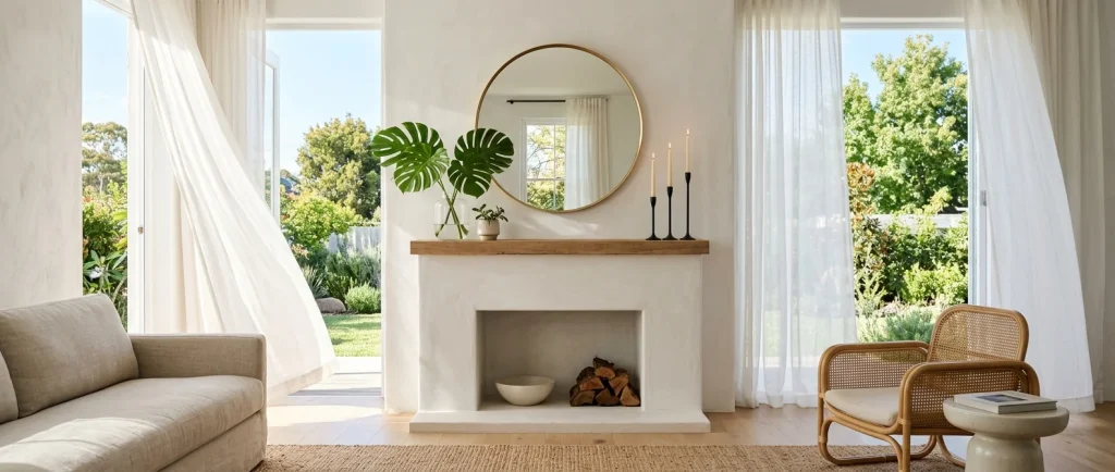 A wide view of a bright minimalist summer living room featuring a beautifully styled white fireplace mantel.