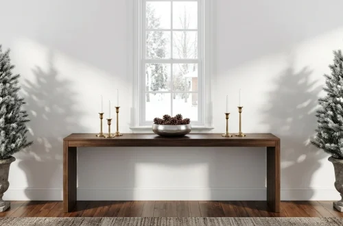 Perfectly symmetrical winter entryway table featuring tall frosted pine trees and brass candlesticks.