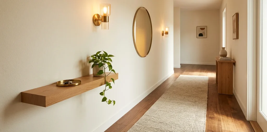 Beautifully styled tiny modern entryway with a floating oak shelf, warm sconces, and a textured runner rug