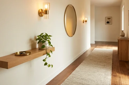 Beautifully styled tiny modern entryway with a floating oak shelf, warm sconces, and a textured runner rug