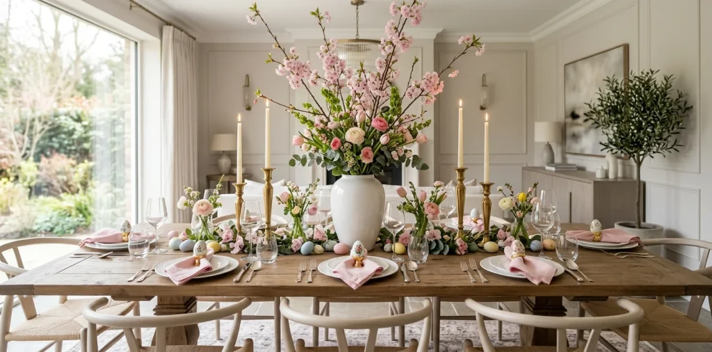 Elegant Easter tablescape featuring tall spring branches and symmetrical place settings in a sunlit dining room.