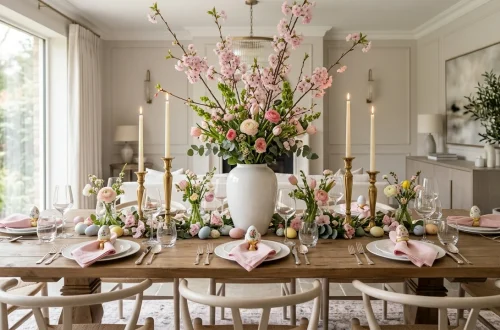 Elegant Easter tablescape featuring tall spring branches and symmetrical place settings in a sunlit dining room.