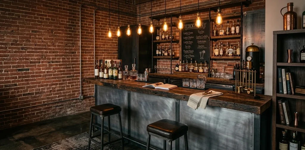 Industrial home bar featuring exposed red brick walls and corrugated steel counters